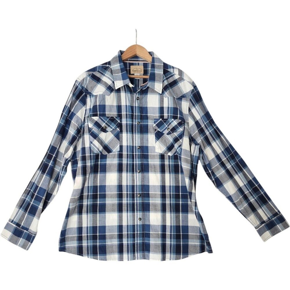 Roebuck & Co Western Blue‎ Gray Plaid Snap Front Shirt Men's XL NWOT